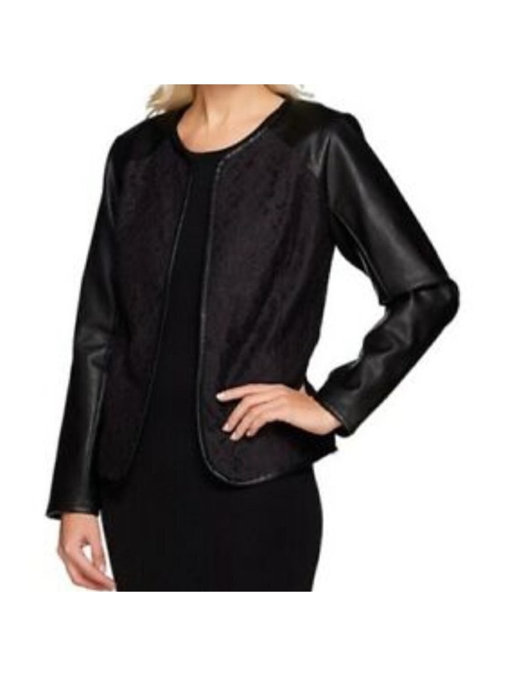 NEW! Joan Rivers Open Front Lace Jacket with Faux Leather Sleeves. 8.
